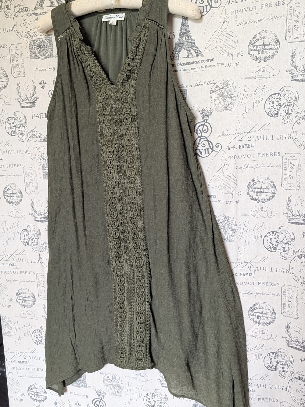 Bohemian Sleeveless Olive Green Mini Dress with Crochet Front Size L